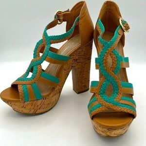 BCBGeneration Sanford Teal & Cognac Cork Platform Open Toe Sandals Size 6.5B